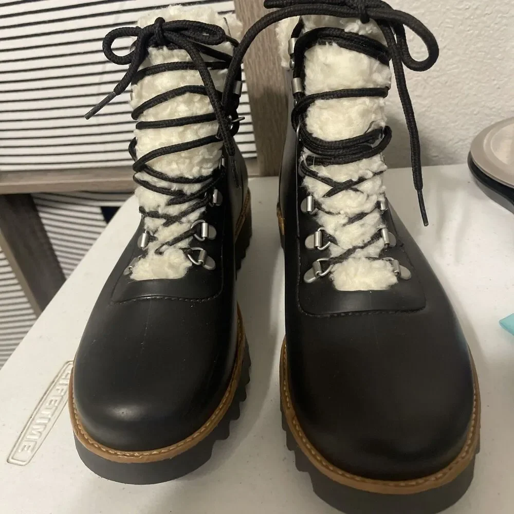 Bernardo Wiley Faux Shearling Trim Boots Black Anthropologie Rain Size 9